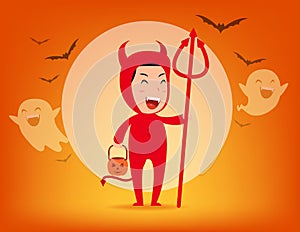 Red devil. Halloween costume concept, Cute red demon, Kid in Halloween celebration