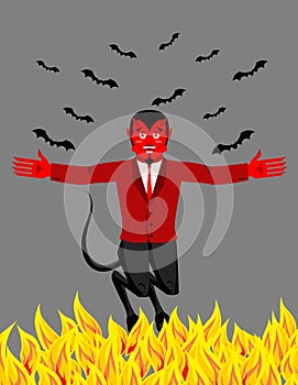 Red Devil in hell. Funny demon and bat. Satan with horns.