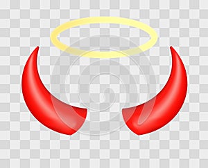 Red devil horns and angel halo on transparent checkered background. Vector illustration.