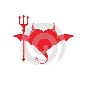 red devil love heart shape with bat wing and horn and trident fork  logo design