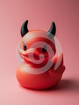 Red devil rubber duck on a pink background.