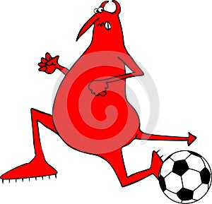 Red devil running ahead of a soccer ball