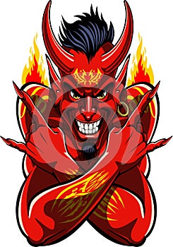 Red devil showing Sign of the horns hand gesture