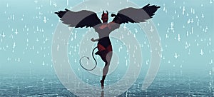 Red Devil Woman Fallen Angel with Horns Black Wings in Black Floating with One Leg Up above Water and Floating White Crosses