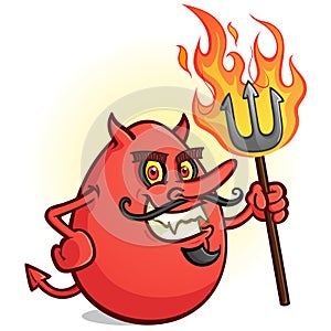 A Red Deviled Egg Cartoon Character Holding a Flaming Pitch Fork