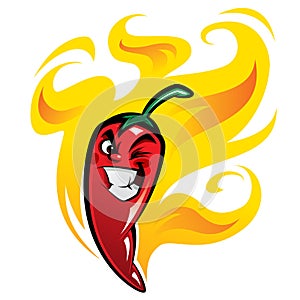 Red devious extremely hot cartoon chili pepper character on fire