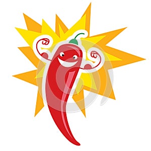 Red devious extremely hot cartoon chili pepper character on fire