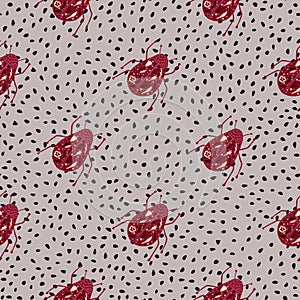 Red diagonal bugs ornament seamless pattern. Hand drawn insects shapes on light grey dotted background