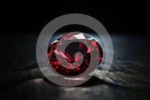 Red diamond is a rare precious natural geological stone on a black background in low key. AI generated