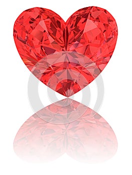 Red diamond in shape of heart on glossy white