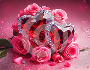 Red diamond in the shape of a heart with red roses on a black background in water drops