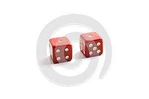 Red Dice in Air Rolling with Shadows Isolated on White Background.