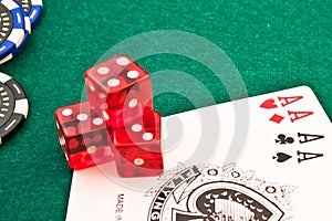 Red dice chips poker and card poker