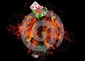 Red dice in a cocktail glass on Fire background. casino series