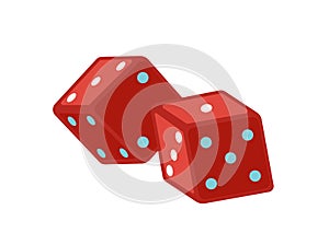 Red dice flat vector illustration. Magic equipment. Gamble cubes marked with dots. Magical show accessories isolated on