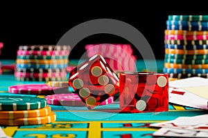 Red dice, game cards and colored chips for playing poker on gaming table in casino. Concept of gambling, betting