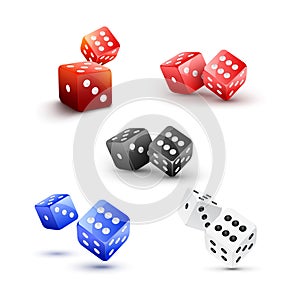 Red dice isolated casino illustration. 3d gamble vector background. Two red dice to play casino game. Success concept jackpot,