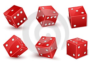 Red dice with number of dots from one to six at the top realistic set. Cubes, throwable games objects.