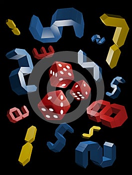 Red dices and colorful Rotating 3d digital numbers.