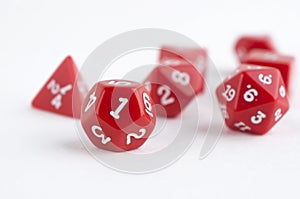 Red dices for rpg, dnd or board games on white background