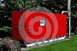 Red diesel emergency generator for uninterruptible power supply.