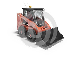 Red diesel loader with front bucket perspective view 3d render on white background with shadow