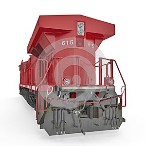 Red Diesel Locomotive on white. Rear view. 3D illustration, clipping path