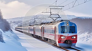 Red Diesel Train Glides through a Snowy Railway Platform in Exhilarating Motion. Generative AI