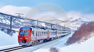 Red Diesel Train Glides through a Snowy Railway Platform in Exhilarating Motion. Generative AI