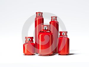 Red different types of gas bottles. 3d rendering