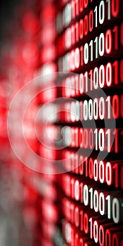 Red Digital Binary Code Data Stream on Computer Screen Closeup, Abstract Technology Background