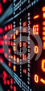 Red Digital Binary Data Stream on Dark Background, Programming Code on Computer Screen