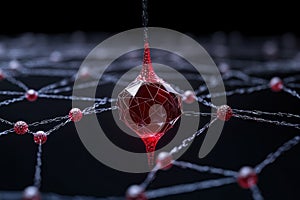 Red Digital Connection: Abstract Network Structure with Plexus Effect and Polygonal Dots and Lines on Dark Background