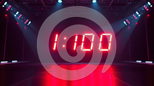 Red Digital Countdown Timer on Stage with Lighting Effects