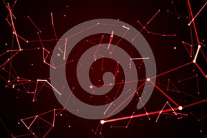Red digital data and network connection triangle lines for technology concept on black background, 3d abstract illustration