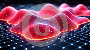 Red digital landscape flowing over grid, futuristic background, data visualization