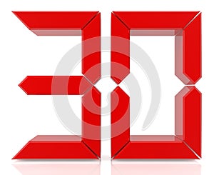 Red digital numbers 30 on white background 3d rendering