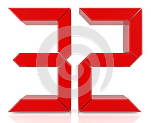 Red digital numbers 32 on white background 3d rendering