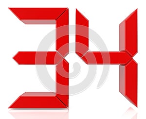 Red digital numbers 34 on white background 3d rendering