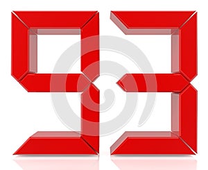 Red digital numbers 93 on white background 3d rendering