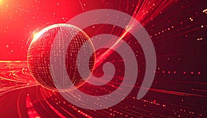 Red digital sphere with glowing binary code and abstract light trails in motion data