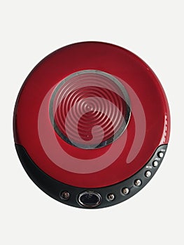 Red discman cd player isolated on white background. Electronic device. Portable disc player photo