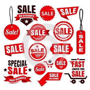 Red Discount Sale Tags, Badges And Ribbons