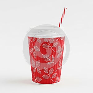 Red disposable coffee cup with leaf pattern isolated on white background