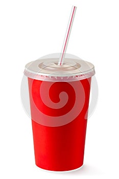 Red disposable cup for beverages with straw