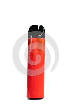 Red disposable electronic cigarette isolated on a white background. The concept of modern smoking, vaping and nicotine. elf bar