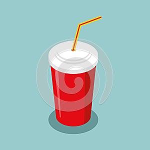 Red disposable paper cup with straw isometrics. Drink fast food