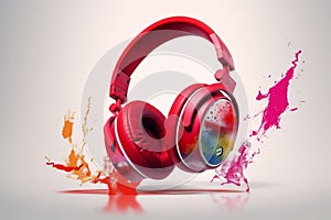 Red Dj headphones with colorful smoke and paint coming of it in a vivid paint explosion on a white background. Generative AI.