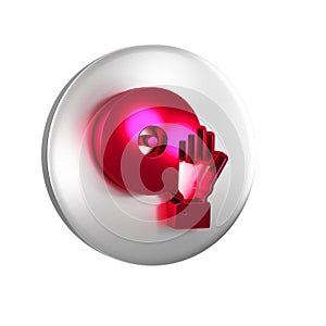 Red DJ playing music icon isolated on transparent background. Silver circle button.