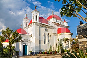 The red-domed Greek Orthodox church of the Twelve Apostles near the shore of the Sea of Galilee at Capernaum, Israel